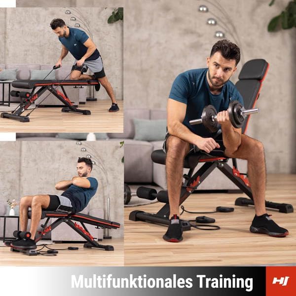 Hop-Sport Hantelbank HS-2080HB, Hantelbank klappbar & stabil, multifunktionale Trainingsbank mit Exp