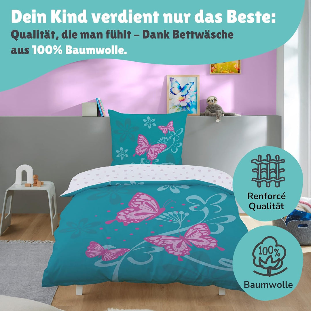 CTI - Bettwäsche Set Schmetterlinge 135x200 cm 80x80 cm Baumwolle türkis rosa Linon Wendebettwäsche
