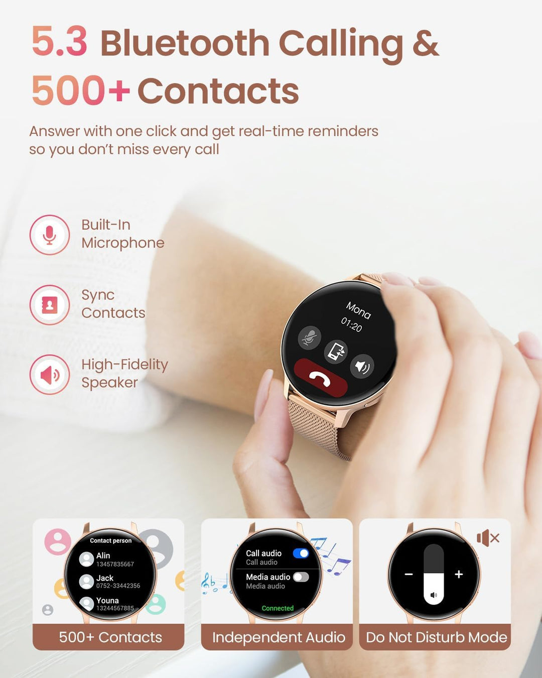 HASAKEI Smartwatch Damen mit Telefonfunktion, 1,39" HD Touchscreen Fitnessuhr, 120 Sportmodi/Pulsuhr