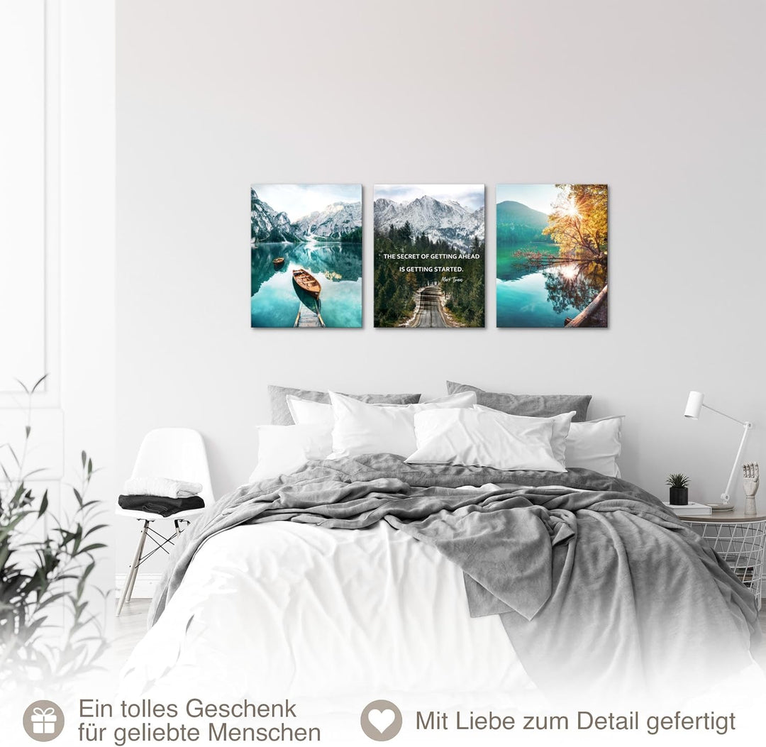 Novart Wandbilder Set Natur Berge - KOMPLETT AUFHÄNGFERTIG - Wohnzimmer Schlafzimmer Flur Deko - 3 M