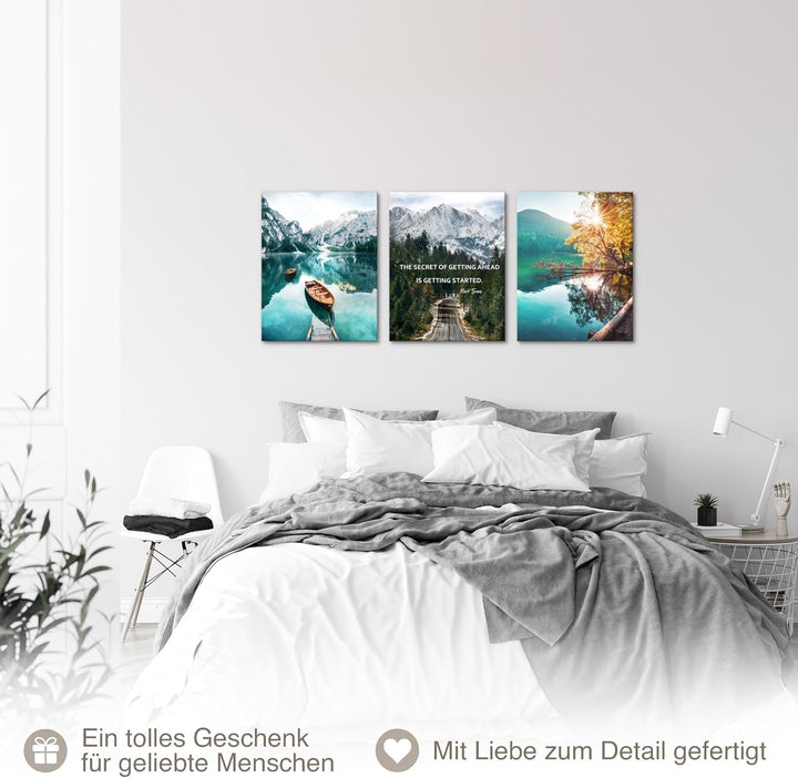Novart Wandbilder Set Natur Berge - KOMPLETT AUFHÄNGFERTIG - Wohnzimmer Schlafzimmer Flur Deko - 3 M