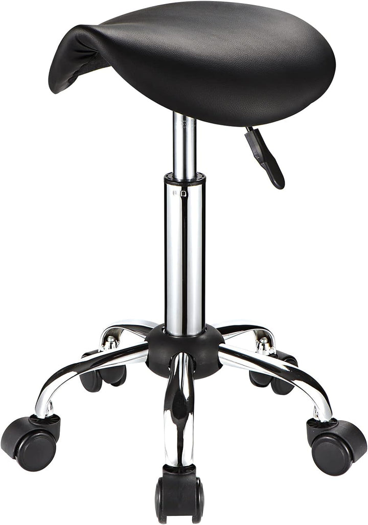 FNZIR Sattel Rollhocker mit Rädern PU Leder Höhenverstellbare Drehhocker Stuhl Schwarz