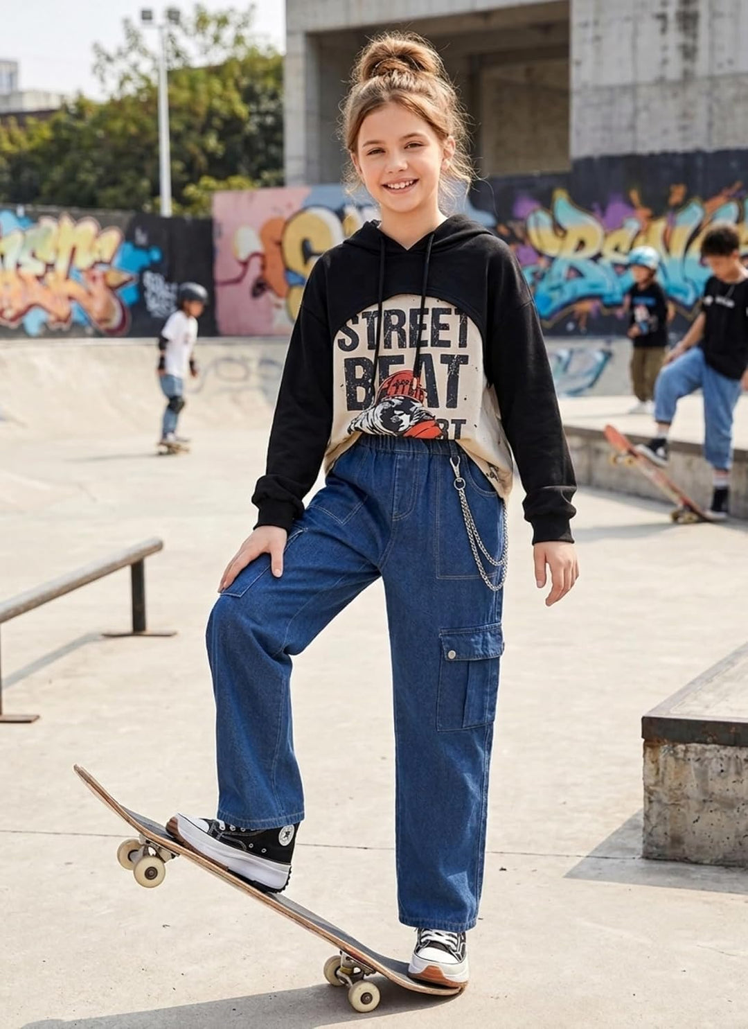 Rolanko Mädchen Jean Hosen Loch Denim Blau Jeans, Vintage Hose mit weitem Bein für Kinder Fit 10-11