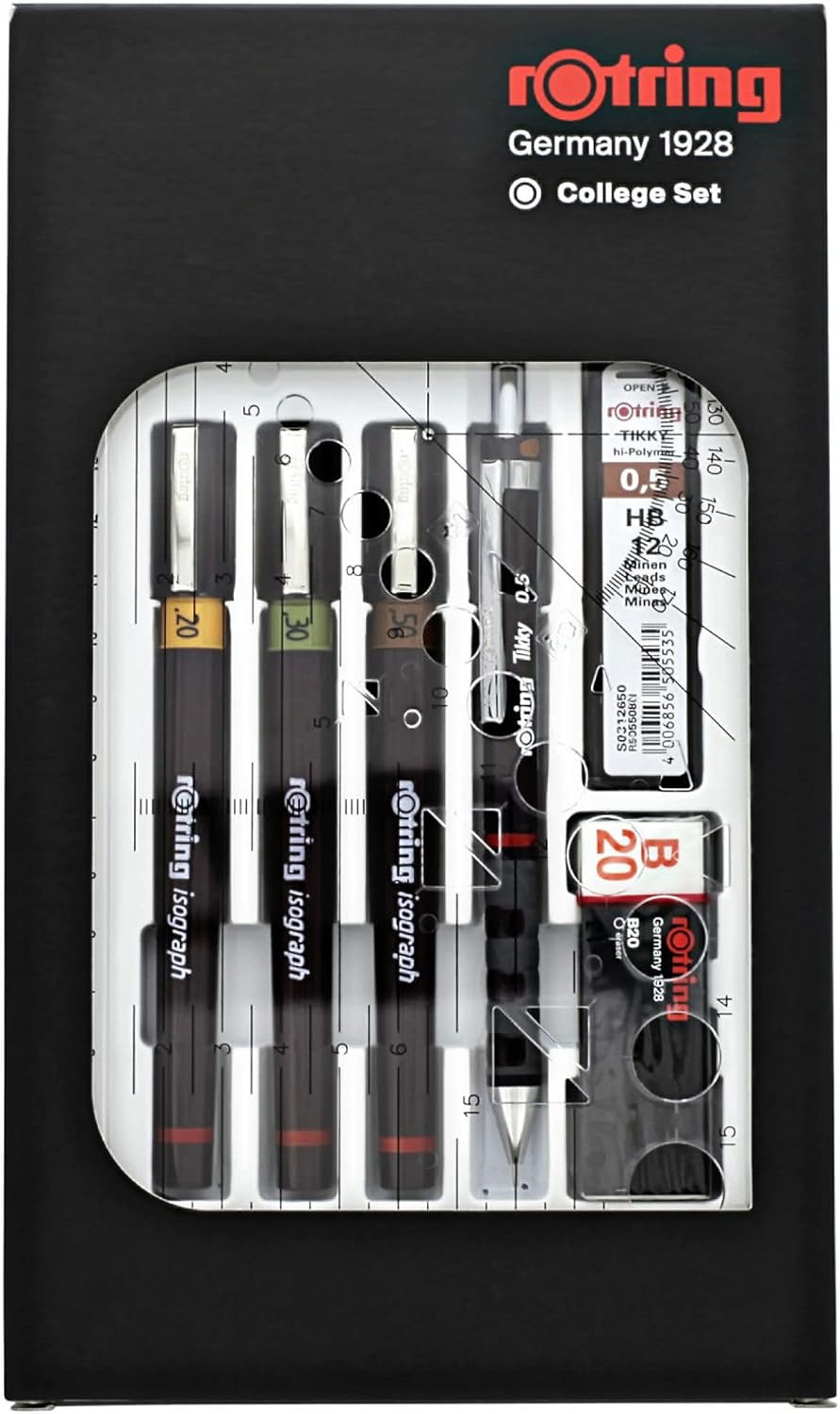 rOtring Isograph Fineliner College Set | 3 Isograph Tuschefüller (0,20 mm, 0,30 mm und 0,50 mm), Tik