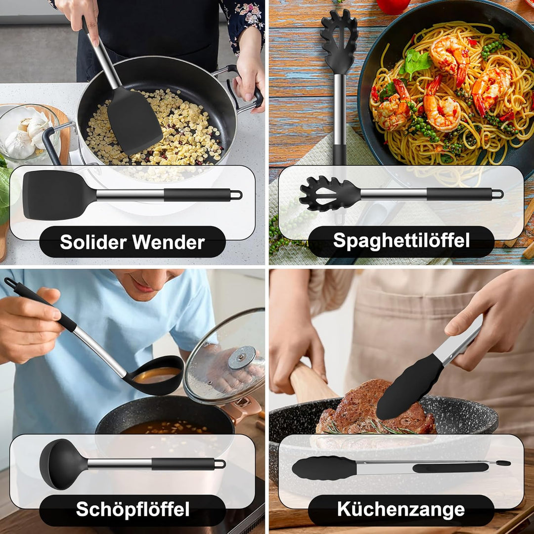 Herogo Küchenhelfer Set, 7 Stück Silikon Küchenutensilien Set, Küchenutensilienset mit Edelstahlgrif