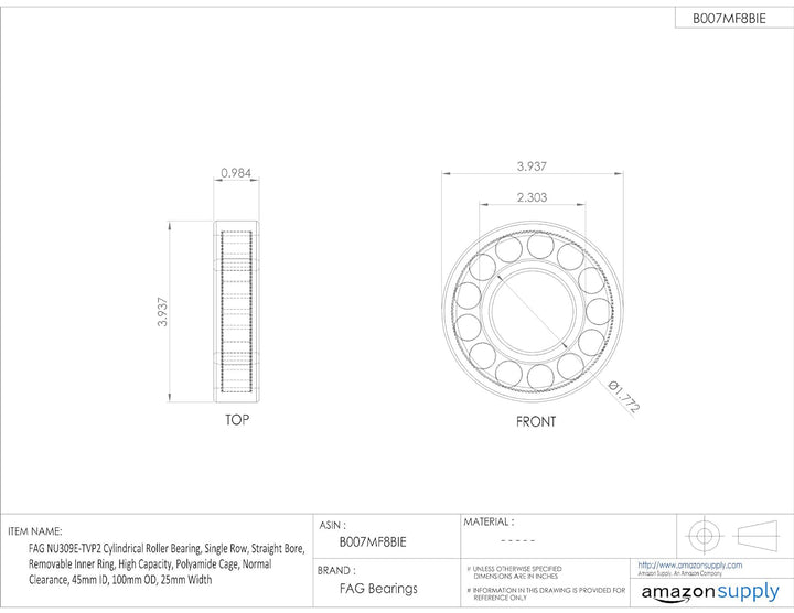 FAG nu309e-tvp2 Zylindrische Roller Bearing, einreihig, gerade Bohrung, abnehmbarer Ring innen, Hohe