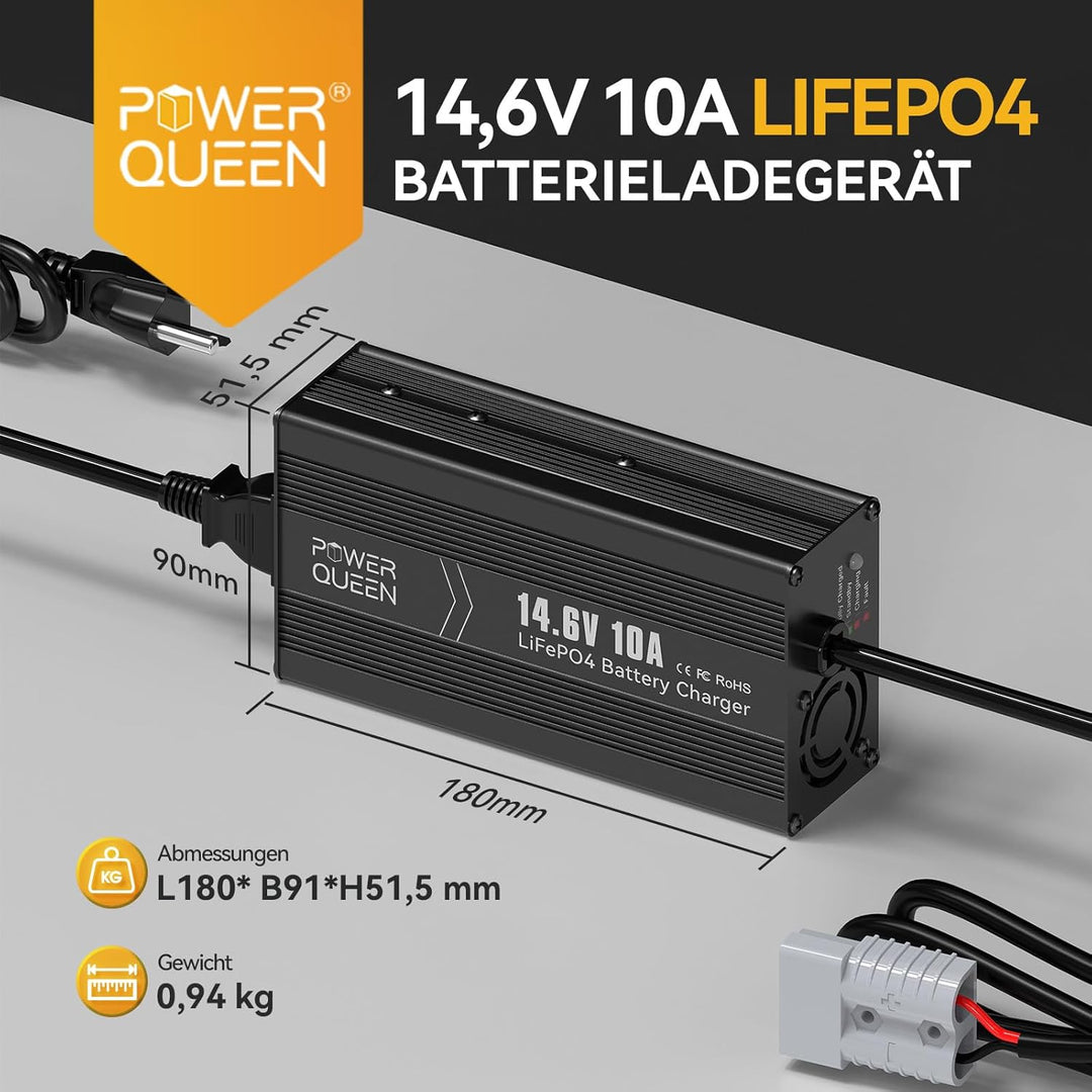 Power Queen 12,8V 50Ah LiFePO4 Akku Lithiumbatterie mit 14.6V 10A LiFePO4 Batterie Ladegerät Konstan