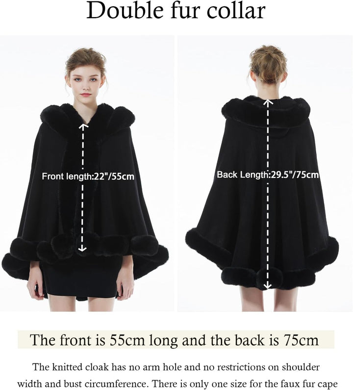 BEAUTELICATE Damen Kunstpelz Strick Poncho Cape Warm Umhang Gestrickt mit Kapuze Cardigan Brautjacke
