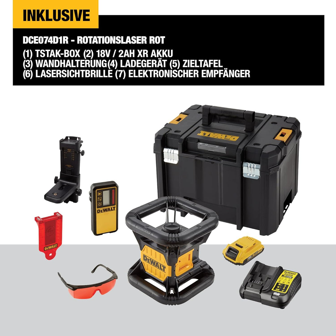 DEWALT 18V Akku Rotationslaser Rot DCE074D1R (mit einfachem Vertikal-Lot, selbstnivellierender, Arbe
