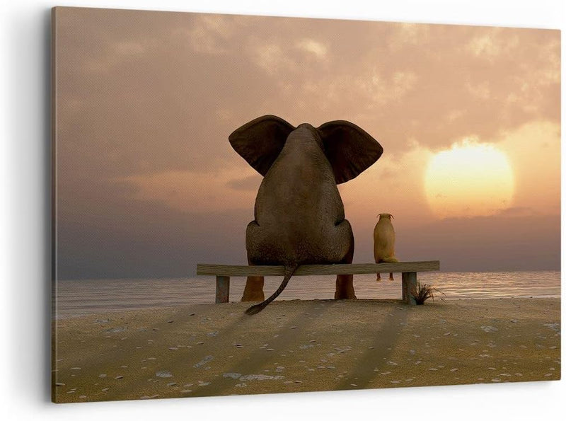 Bilder auf Leinwand 100x70cm Leinwandbild mit Rahmen Elefant Ufer Meer Gross Wanddeko Bild Schlafzim