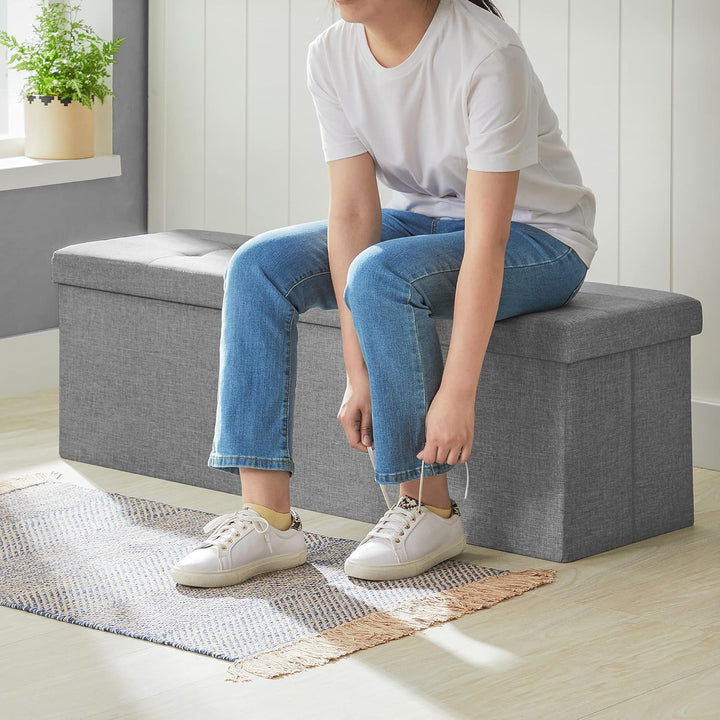 SONGMICS 110 cm Sitzbank mit Stauraum, 2er Set, klappbare Sitztruhe, Aufbewahrungsbox, Fussbank, hel
