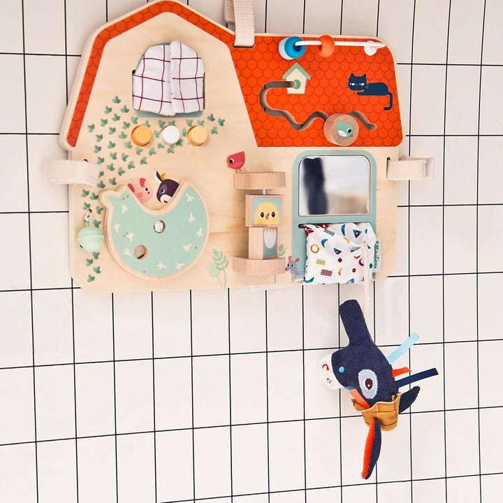 Lilliputiens - Baby-Aktivitätstafel - Thema Bauernhof - Holzspielzeug mit 8 sensorischen Aktivitäten