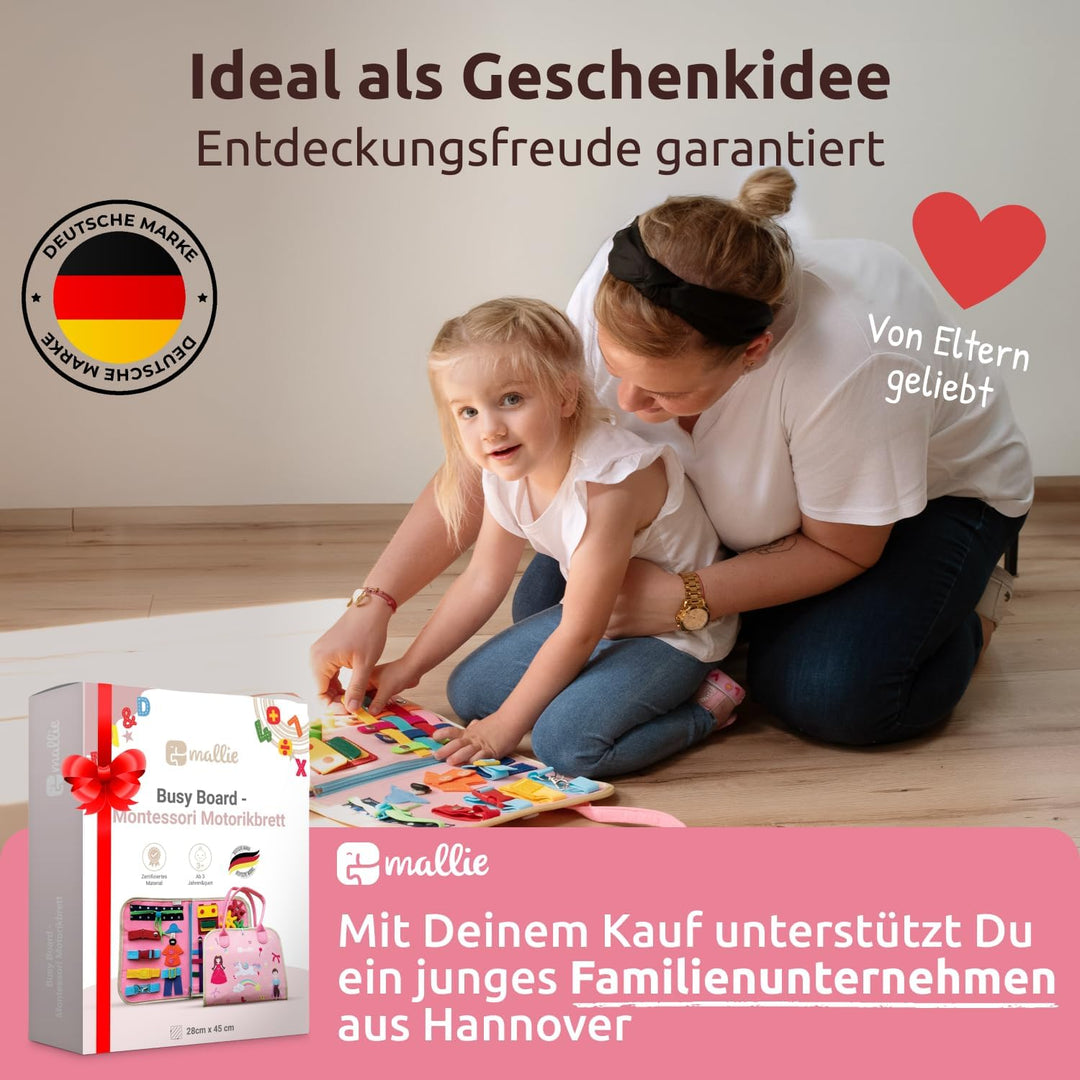 Mallie® Busy Board Deutsch inkl. Gratis Reisetasche & Montessori Buch und Perfekt für Reisen im Auto