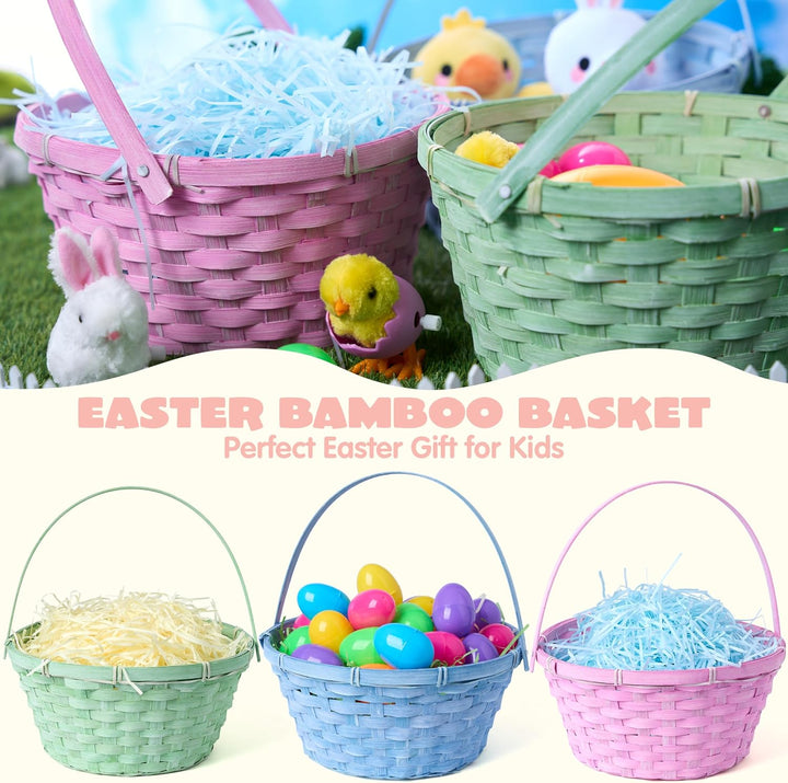 JOYIN 3 Stück Oster-Bambuskörbe, blau, rosa, grün, rund, gewebter Goodie-Korb mit klappbarem Griff,