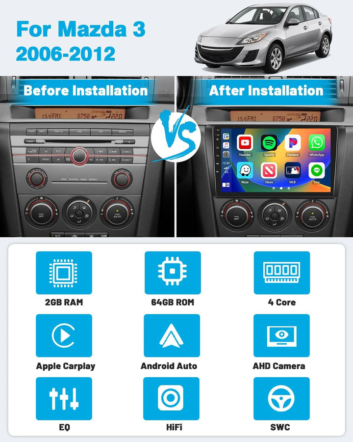 Hikity Carplay für Mazda 3 2006-2012 Android Autoradio, 2GB+64GB, Android Auto Autoradio Bluetooth m