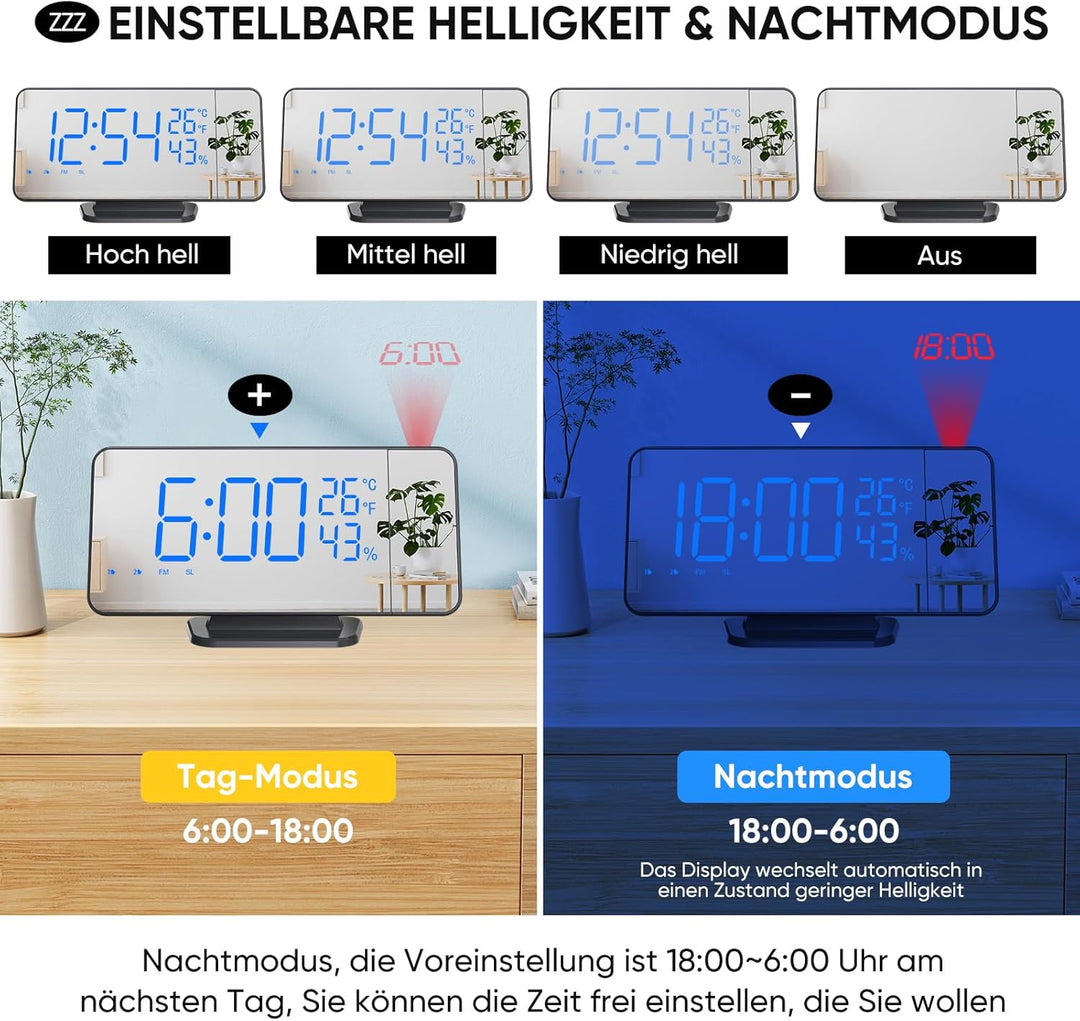 Projektionswecker Radiowecker mit 4 Stufen Bildschirmhelligkeit Digitalwecker mit 12 / 24H Projektio