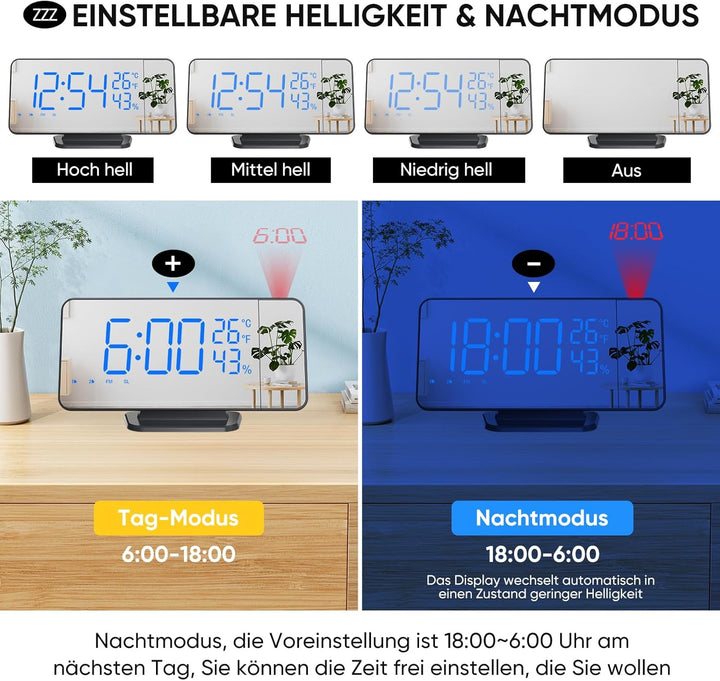 Projektionswecker Radiowecker mit 4 Stufen Bildschirmhelligkeit Digitalwecker mit 12 / 24H Projektio
