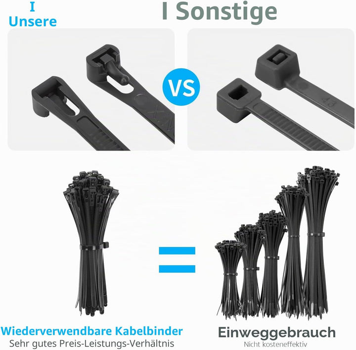 100 Stück 7.6mm x 450mm Kabelbinder wiederverwendbar UV-Beständig Starkes Nylon Wiederlösbar Kabelbi