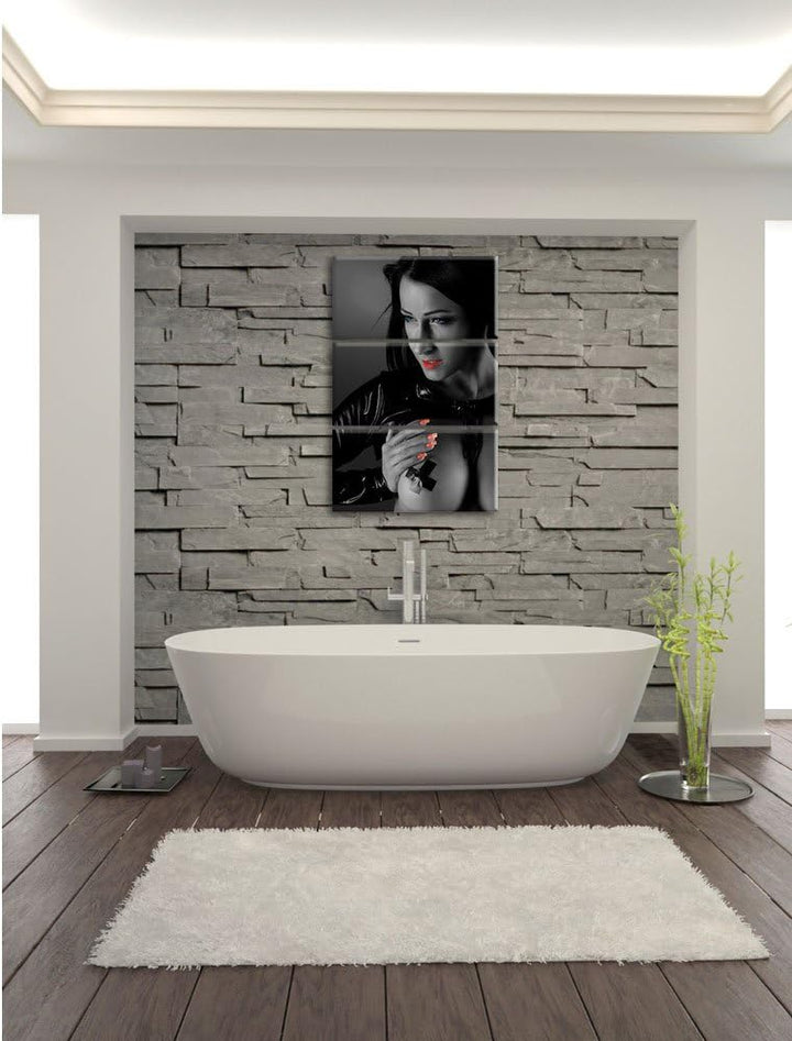 Pixxprint schwarzhaarige sexy Frau schwarz/weiss als Leinwandbild/Grösse: 3 Teilig (120x80 cm) cm/Wa