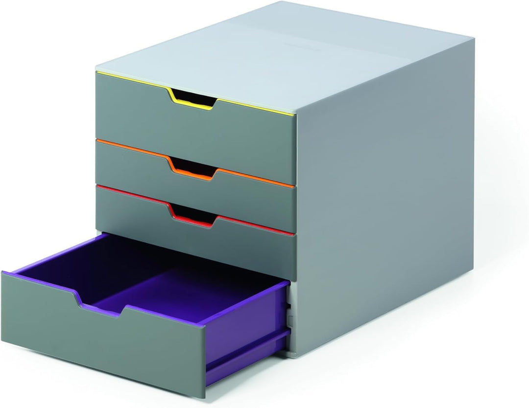 Durable Schubladenbox A4 (Varicolor) 4 Fächer, mit Etiketten zur Beschriftung, mehrfarbig, 760427, 4