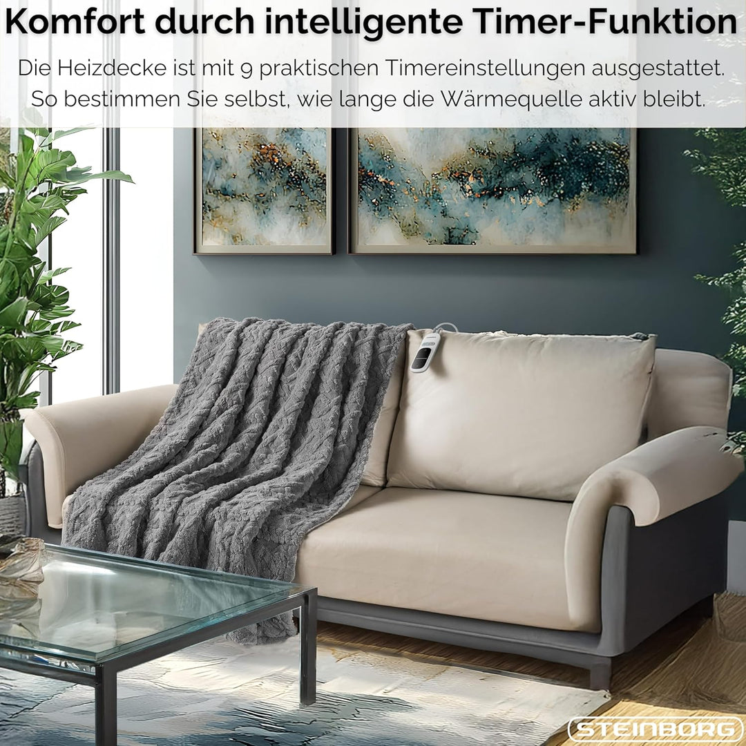 Steinborg® Heizdecke 180x130 cm mit Abschaltautomatik – Elektrische Kuscheldecke für Bett & Sofa, Wä
