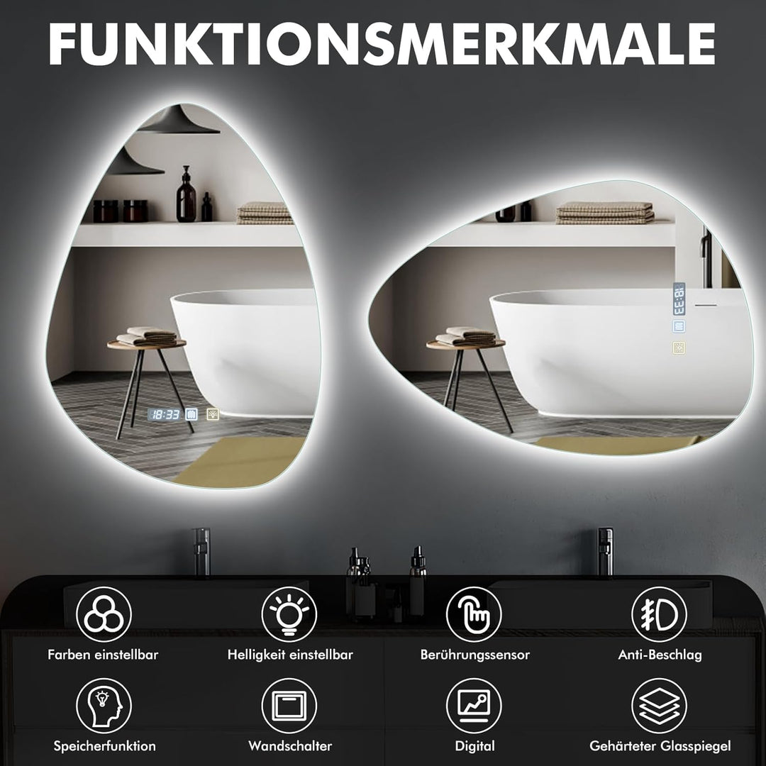 Badezimmerspiegel mit LED-Leuchten für die Wand, beschlagfrei, 3 Farben dimmbar, LED, HD-Hartglas, B