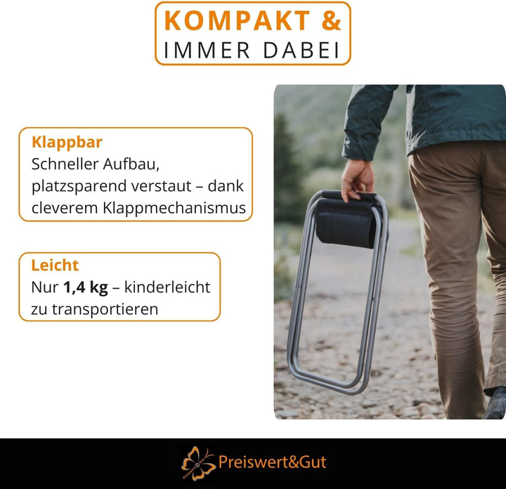 Preiswert&Gut Klappstuhl Sitzhöhe 45cm aus Aluminium bis 100kg mit Tischplatte MDF 40x40cm, 20kg bel