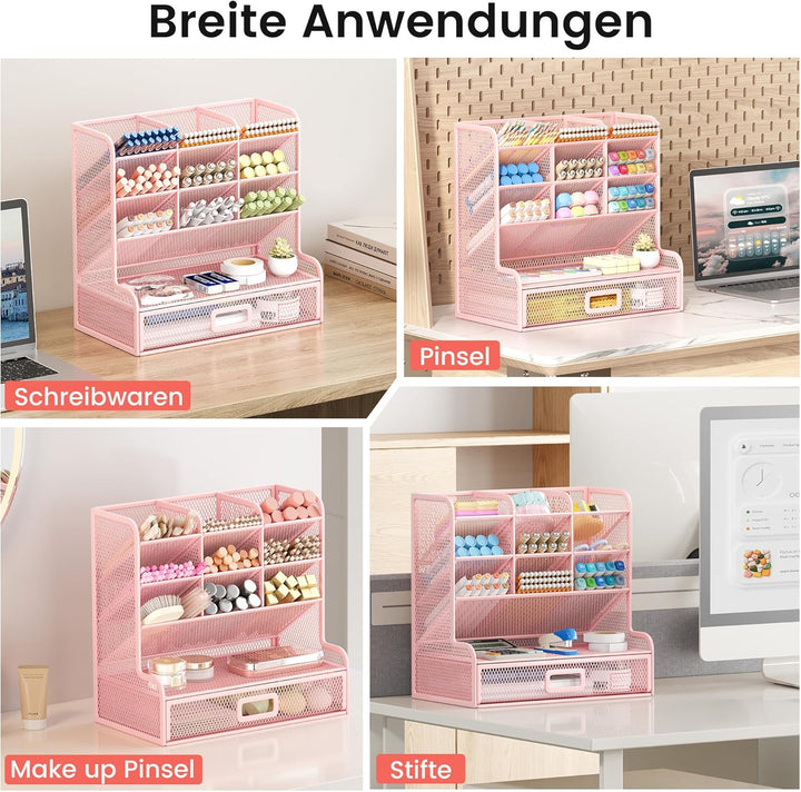 VITVITI Schreibtisch Organizer, 9 Fächer Stiftehalter mit Schublade, Netz Stifte Regal aus Metall, S