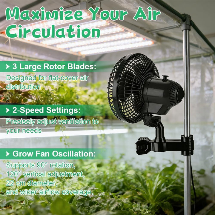 Grow Ventilator Oszillierend 25W, Clip Ventilator Oszillierend, 3 Geschwindigkeitsstufen, 22 cm Durc