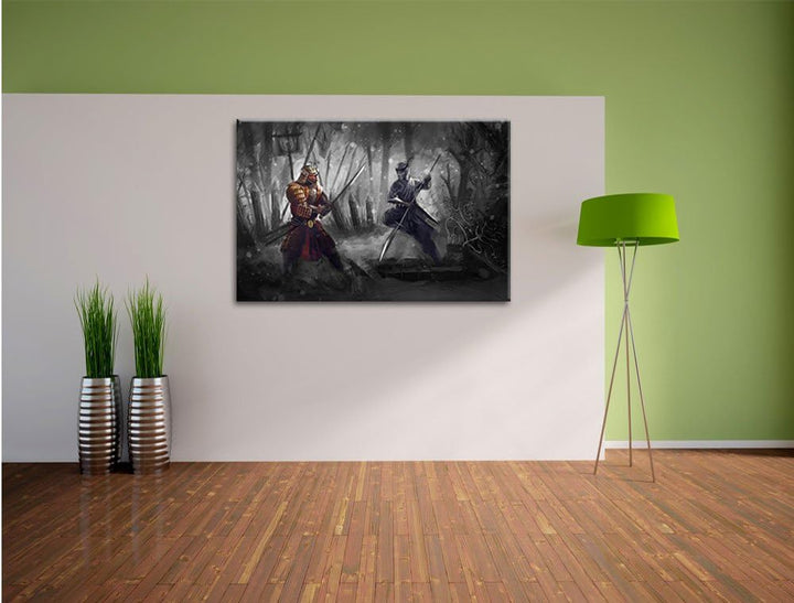 Pixxprint Kampf zwischen Samurai und Ninja B&W Detail, Format: 100x70 auf Leinwand, 100x70