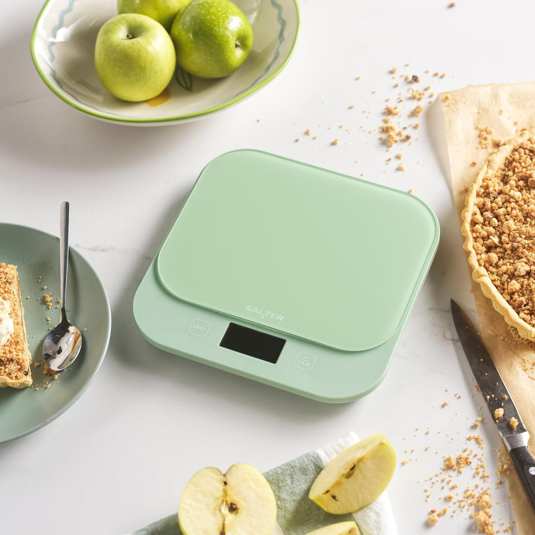 Salter British Bakes Digitale Küchenwaage – Grüne Backwaage mit hoher Kapazität von 10 kg, misst Flü