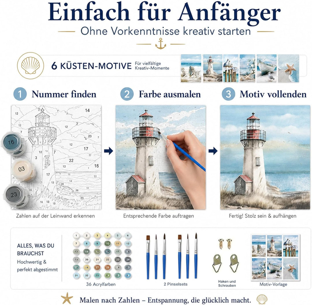 SASMoiyug 6 Stück Malen nach Zahlen Erwachsene, DIY am Meer Sandstrand Malen nach Zahlen Set Mit 6 P