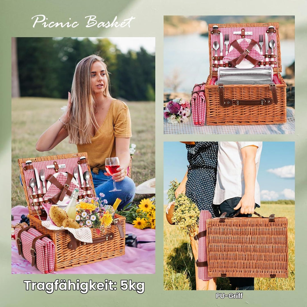 Picknickkorb 4 Personen,Picknickkorb mit Kühlfach und wasserdichte Picknickdecke, Piknik Korb Set mi