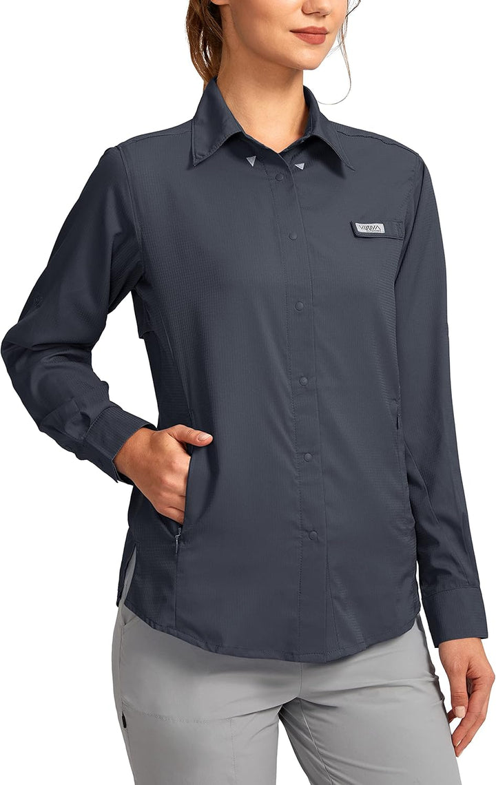 Damen-Sonnenschutz-Angelshirt mit Reissverschlusstaschen, leicht, LSF Langarm-Shirts für Wandern, Sa