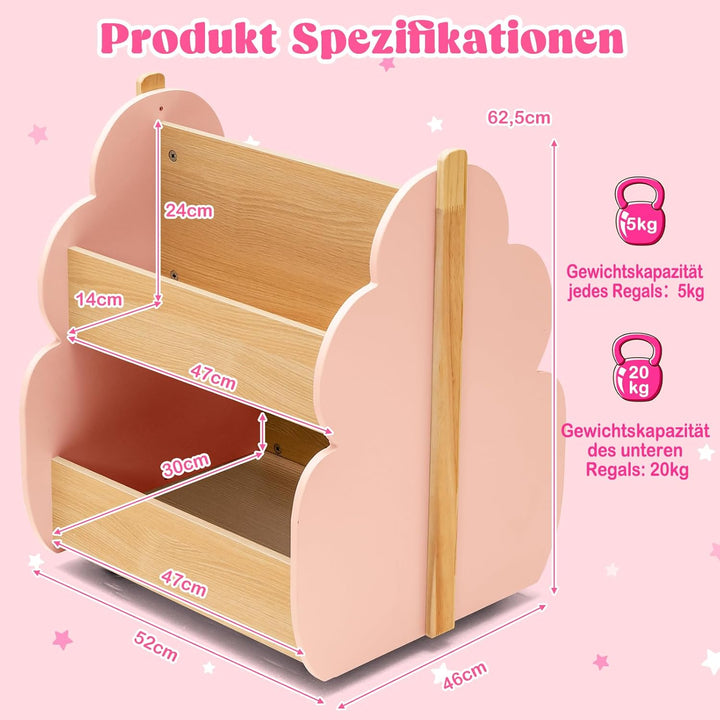 COSTWAY Kinder Bücherregal auf Rollen, 2 Ebenen Spielzeugregal aus Holz, 52 x 46 x 62,5 cm (Rosa), R