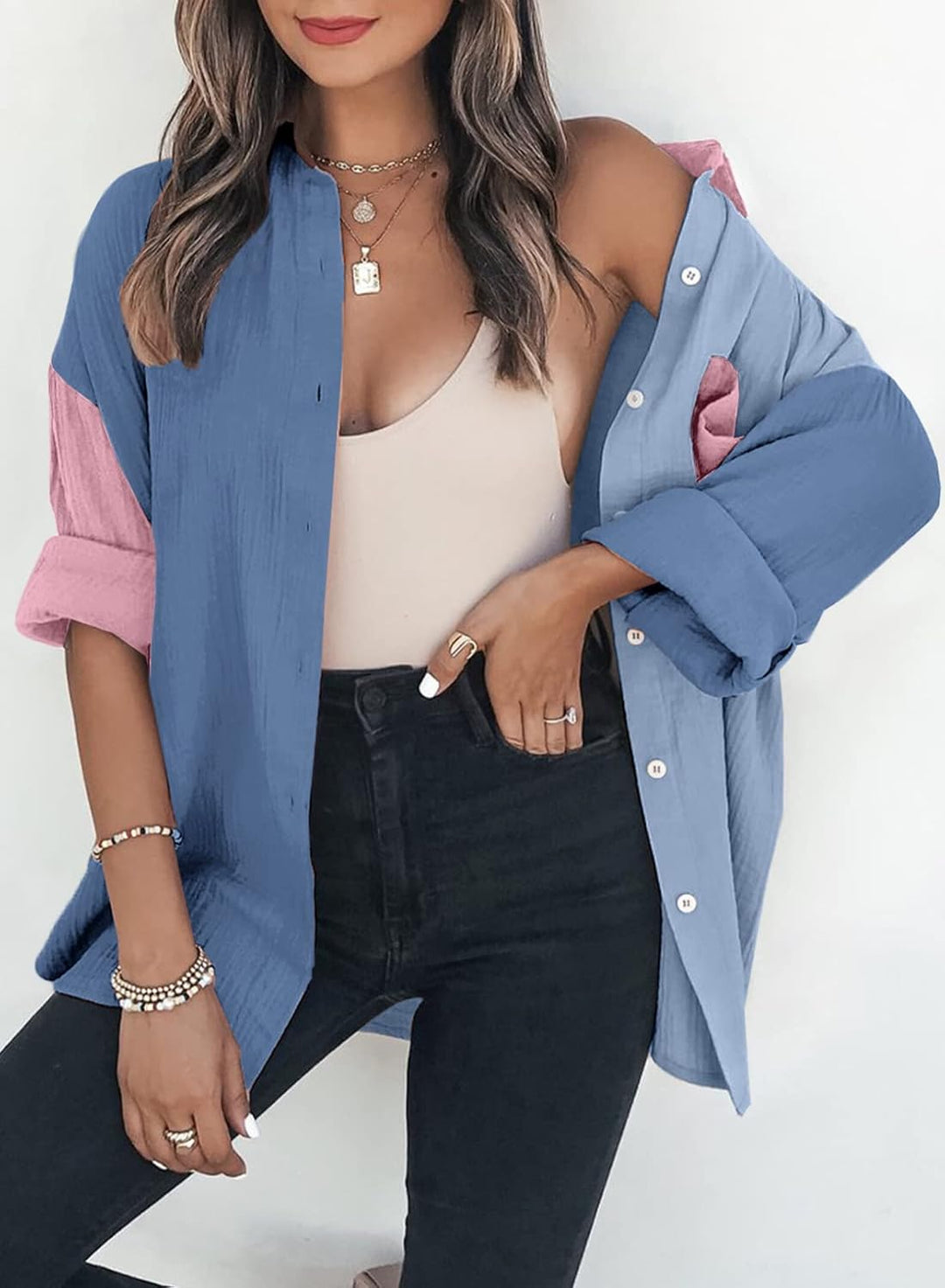 Dokotoo Bluse Damen Musselin Langarmshirt Baumwolle Lässig Oberteile Hemd Langarm Einfarbig Tops Far