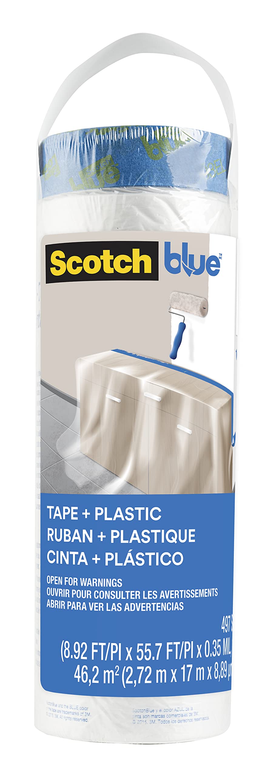 ScotchBlue Malerabdeckfolie Nachfüllrolle mit Klebeband – 1 Rolle, 2,72m x 17m (46,2m²) – Für sauber