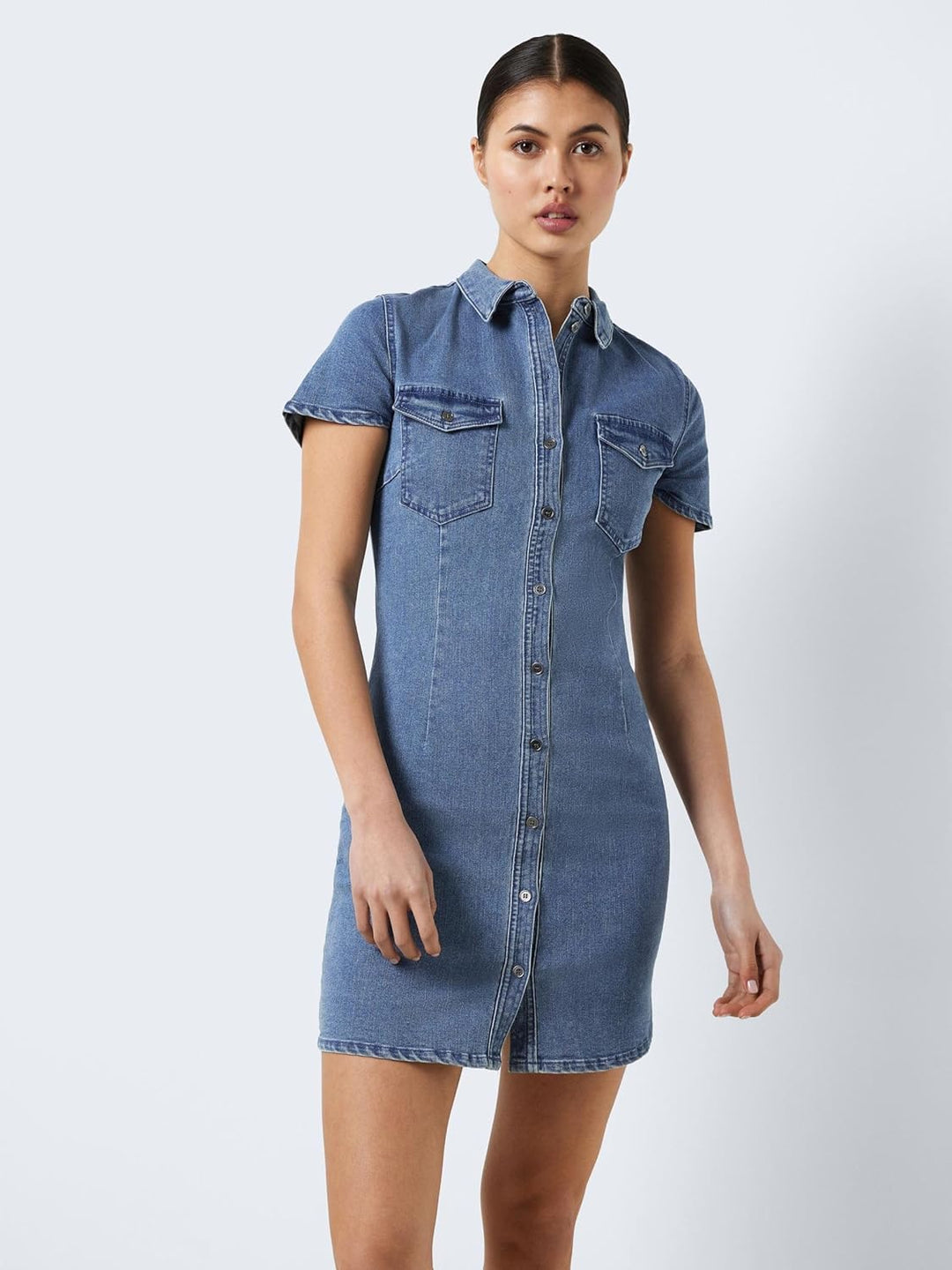 Noisy may Joy Short Sleeve Mid Wash Denim Day Dress M Medium Blue Denim, M Medium Blue Denim
