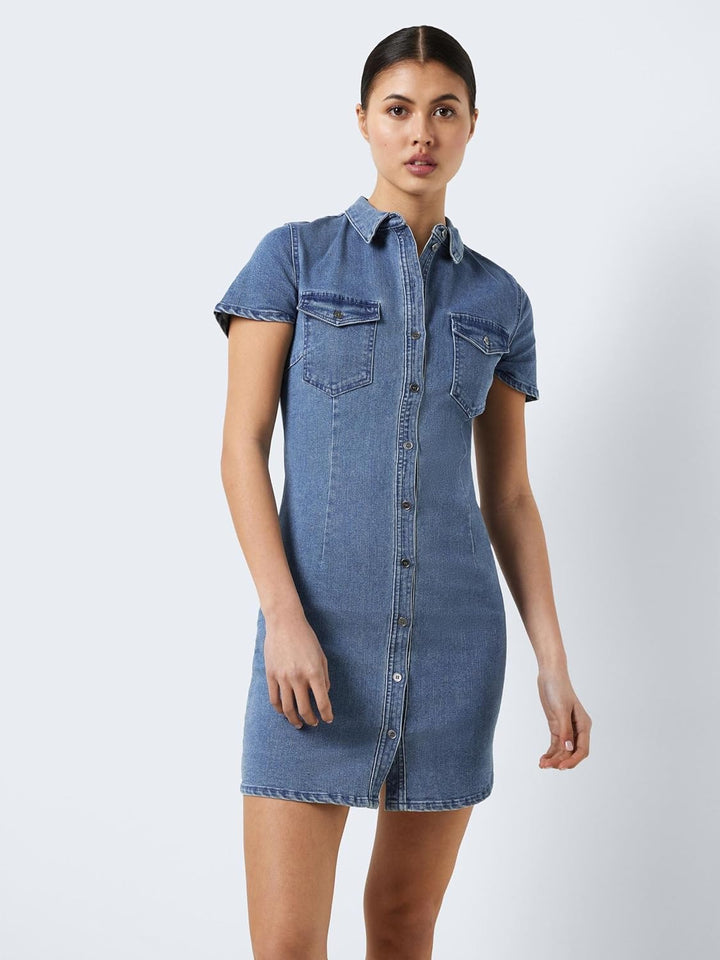 Noisy may Joy Short Sleeve Mid Wash Denim Day Dress M Medium Blue Denim, M Medium Blue Denim
