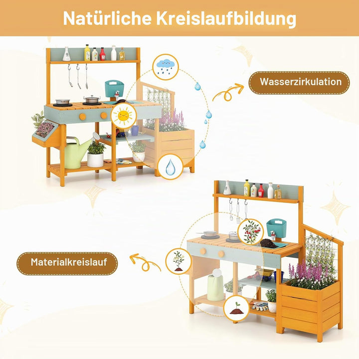 HOMASIS Matschküche Kinder Outdoor, Kinderküche mit Wassertank Spülen Herd, Holz Gartenküche mit Pfl