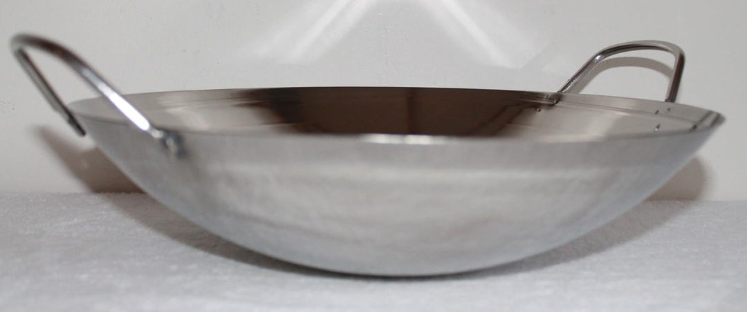AAF Nommel Wok Pfanne Edelstahl 31 cm Durchmesser mit 2 Griffen/Henkeln mit rundem Boden für Gas, Ga