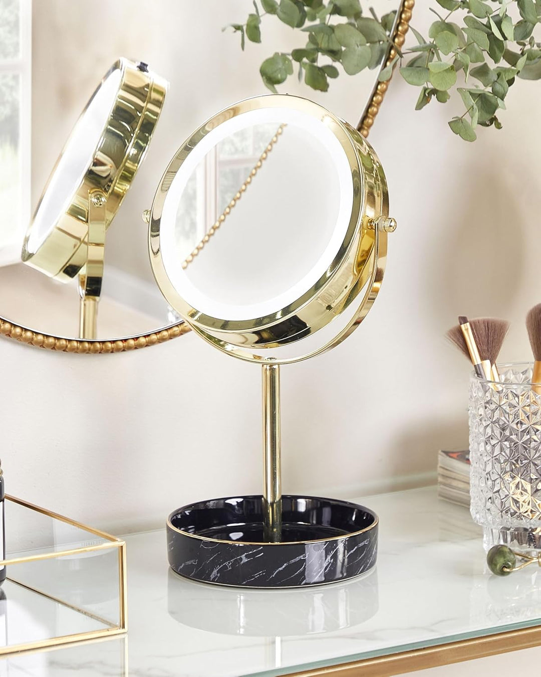 Kosmetikspiegel mit LED-Beleuchtung gold/schwarz ø 26 cm doppelseitig Savoie