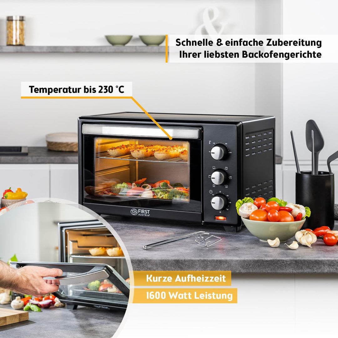 TZS First Austria - 30 Liter Minibackofen mit 1600 Watt schwarz| Unter-Oberhitze bis 230 Grad stufen