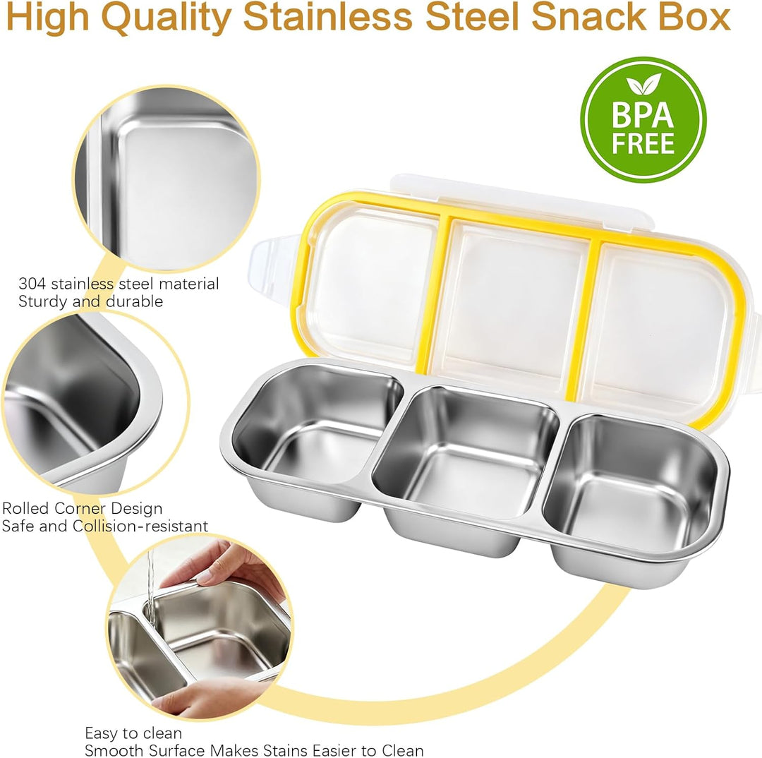 Snackbox mit Fächern, 2 Stück Edelstahl Snackbox Kinder mit 3 Fächern, BPA-frei Brotdose Kinder für