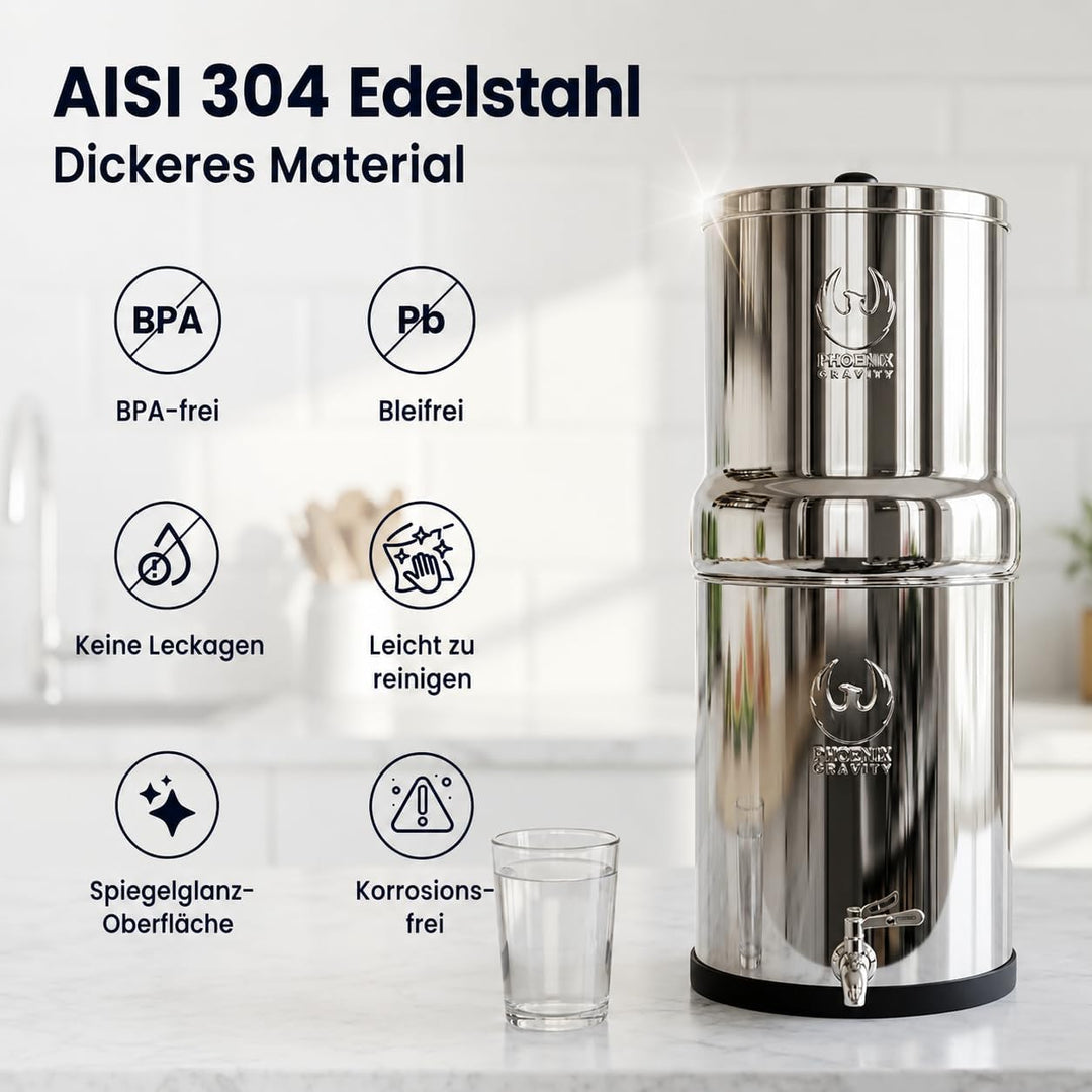 PHOENIX GRAVITY 8 Liter Edelstahl Wasserfilter und Reiniger mit 2 POSTreat Flouride Reduzierelemente