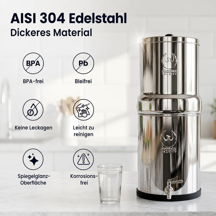 PHOENIX GRAVITY 8 Liter Edelstahl Wasserfilter und Reiniger mit 2 POSTreat Flouride Reduzierelemente