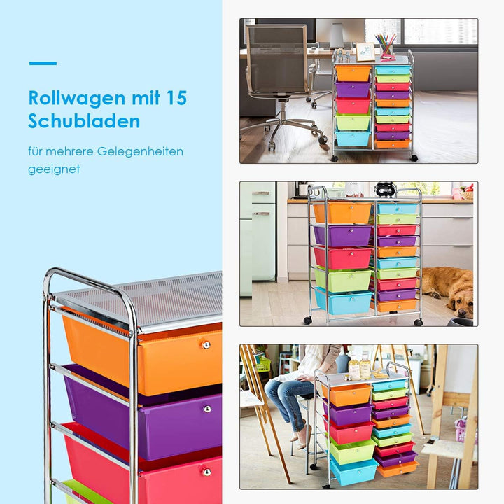 COSTWAY Rollwagen mit 15 stapelbaren Schubladen, Schubladenwagen Rollcontainer mit Metallgestell und