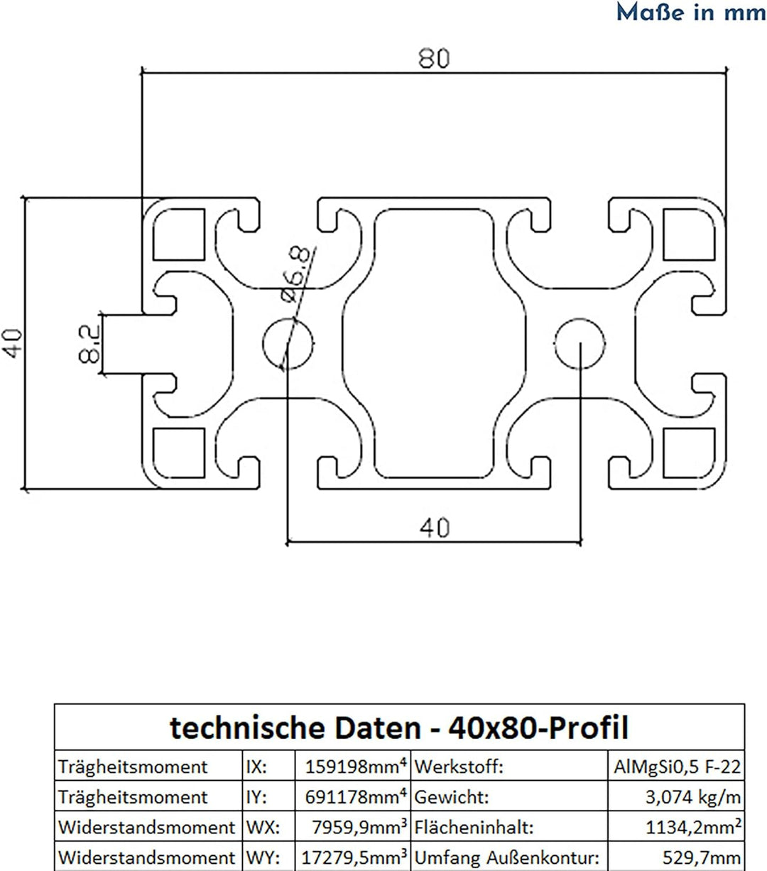 Alu Profil 40x80mm System-, Montage-, Konstruktionsprofil Nut 8 700mm, 700
