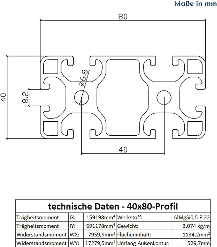 Alu Profil 40x80mm System-, Montage-, Konstruktionsprofil Nut 8 700mm, 700