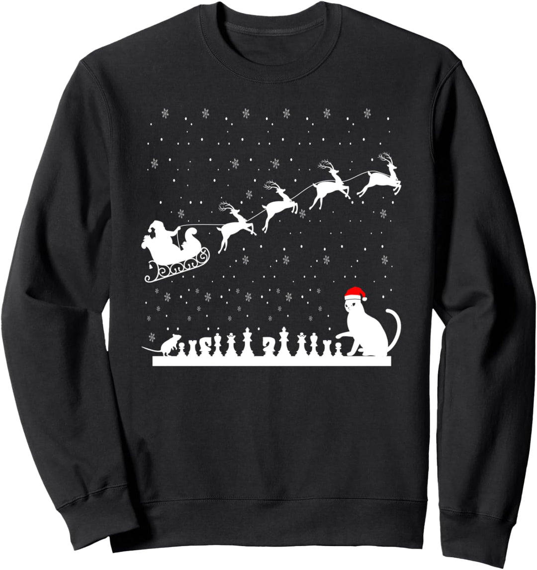 Silhouette Kitty and Mouse Playing Chess Santa Schleigh Xmas Sweatshirt
